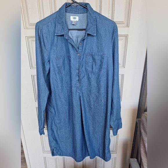 Old Navy Chambray Dress SzL Long Sleeves Collar/Cuffs Blue 1/2Button Front - Picture 1 of 8